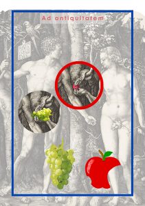 Irudiak Adan eta Evaren grabatu bat erakusten du sugeak Evak eskaintzen dion sagar bat jaten duen bitartean. Behealdean, mahats mordo bat agertzen da fruta alternatibo gisa.