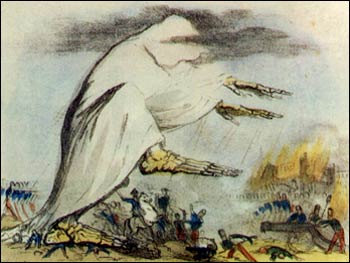 “Miasma”ren irudia, tamaina handiko mamu bat, tunika zuriz jantzia, jendea mehatxatzen.