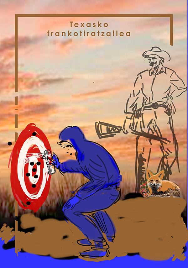 Irudian, atzealdean eskopeta duen gizon bat ageri da, azeri bat alboan duela. Aurrealdean, berriz, grafitigile bat dago, tiro multzo baten gainean itu bat margotzen.