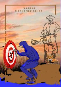 Irudian, atzealdean eskopeta duen Texasko gizon bat ageri da, azeri bat alboan duelarik. Aurrealdean, berriz, grafitigile bat dago, tiro-talde batean zentratutako diana bat margotzen.